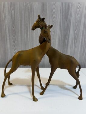 Vintage Brass Giraffe Pair Mid Century Display Statues Heavy Animal Safari Decor